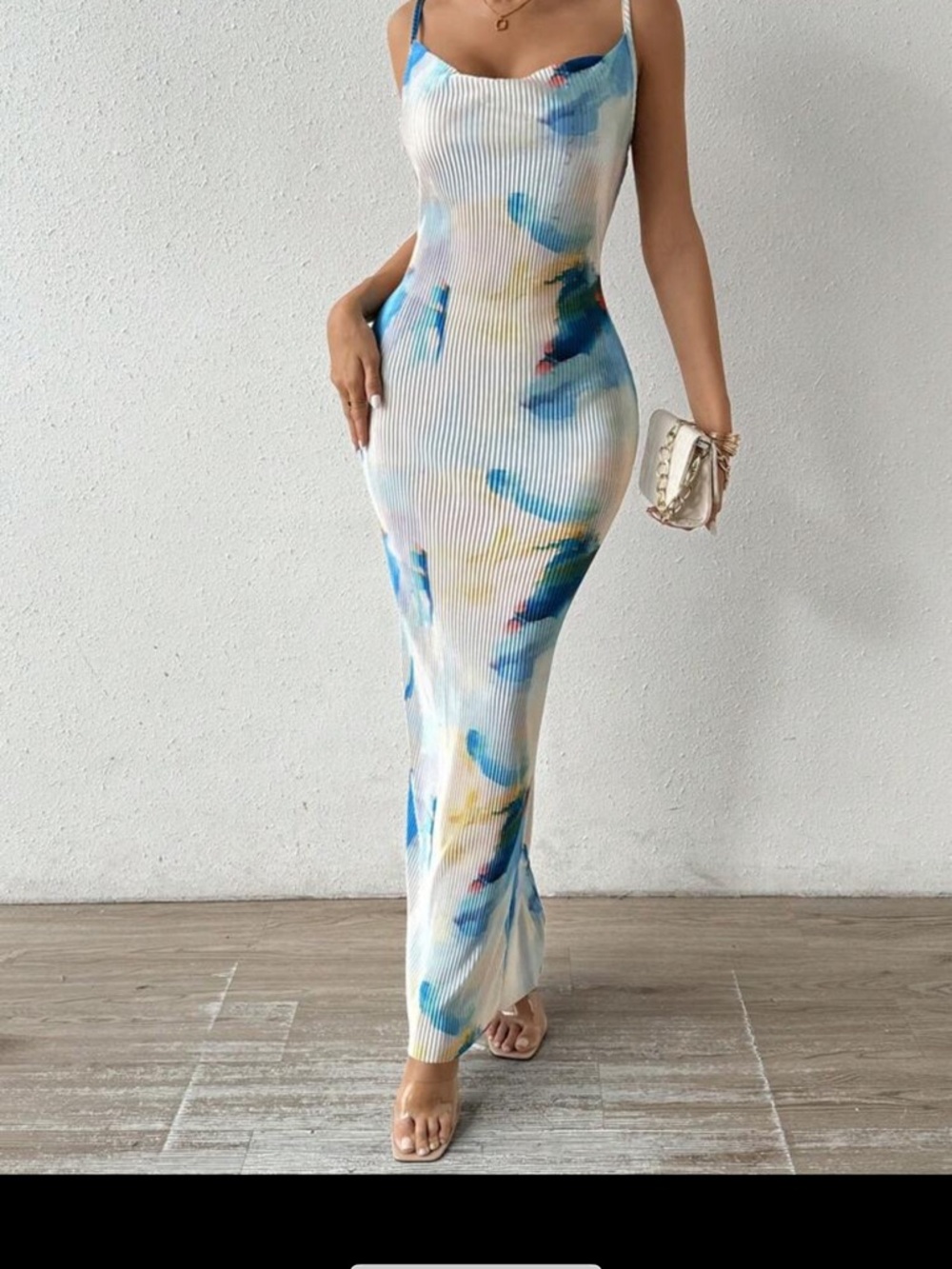 Blue Watercolor Ribbed Maxi Dress - Unbranded